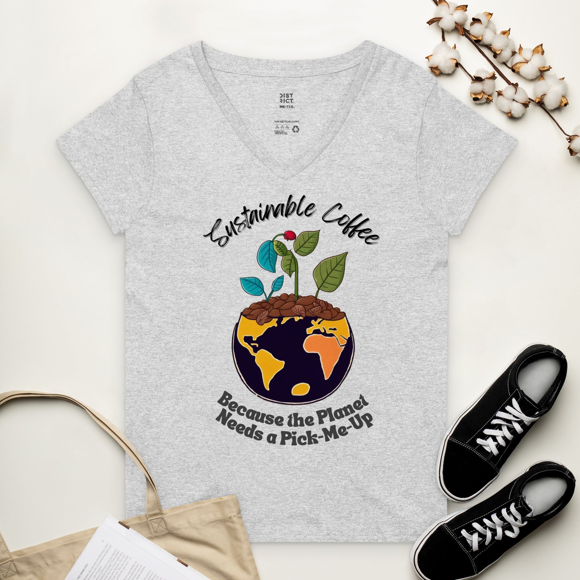 Sustainable Coffee Planet V-Neck Tee" by The Great Coffee Pro – The Great Project