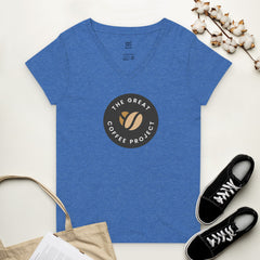 Women’s recycled v-neck t-shirt featuring The Great Coffee Project logo