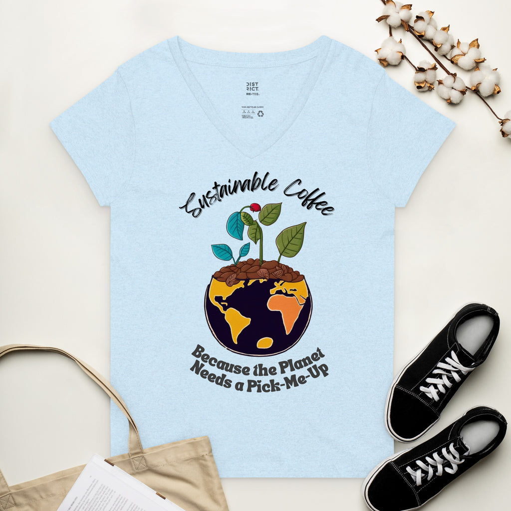 "Sustainable Coffee Planet Relaxed V-Neck Tee" by The Great Coffee Project.