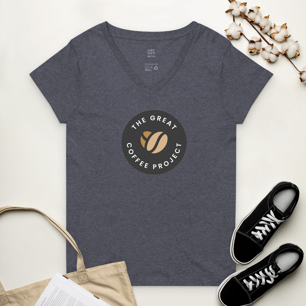 Women’s recycled v-neck t-shirt featuring The Great Coffee Project logo